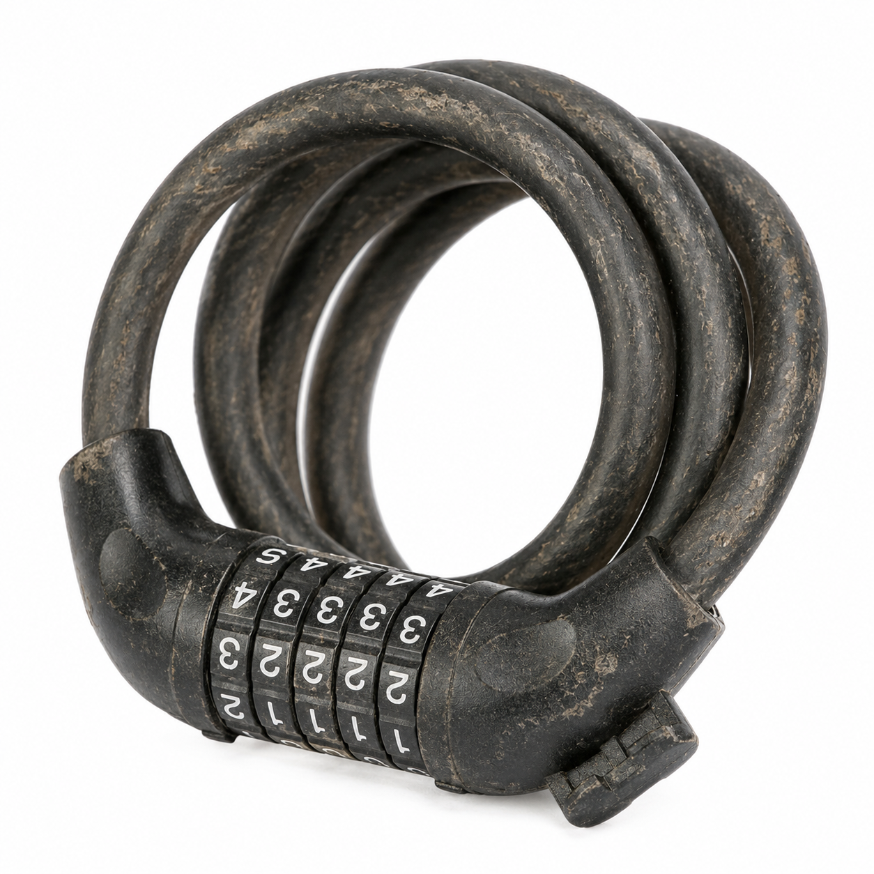 A weathered combination lock with worn-off numbers on a beach cruiser
