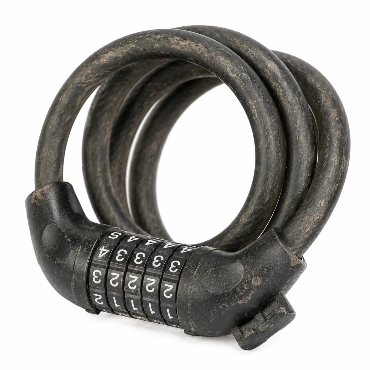 A weathered combination lock with worn-off numbers on a beach cruiser