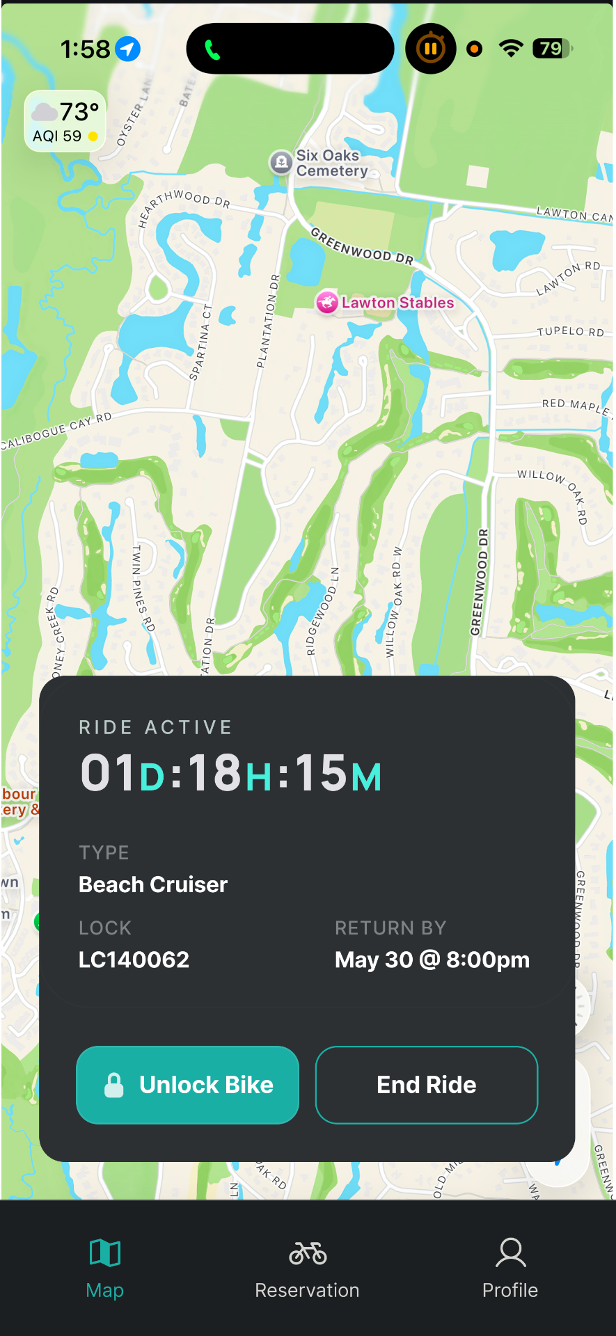 GoPedl active ride screen with unlock bike button