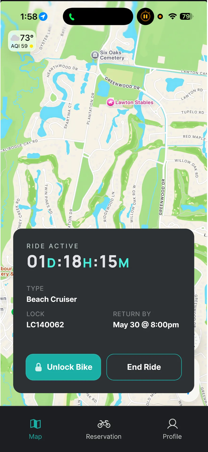 GoPedl active ride screen with unlock bike button