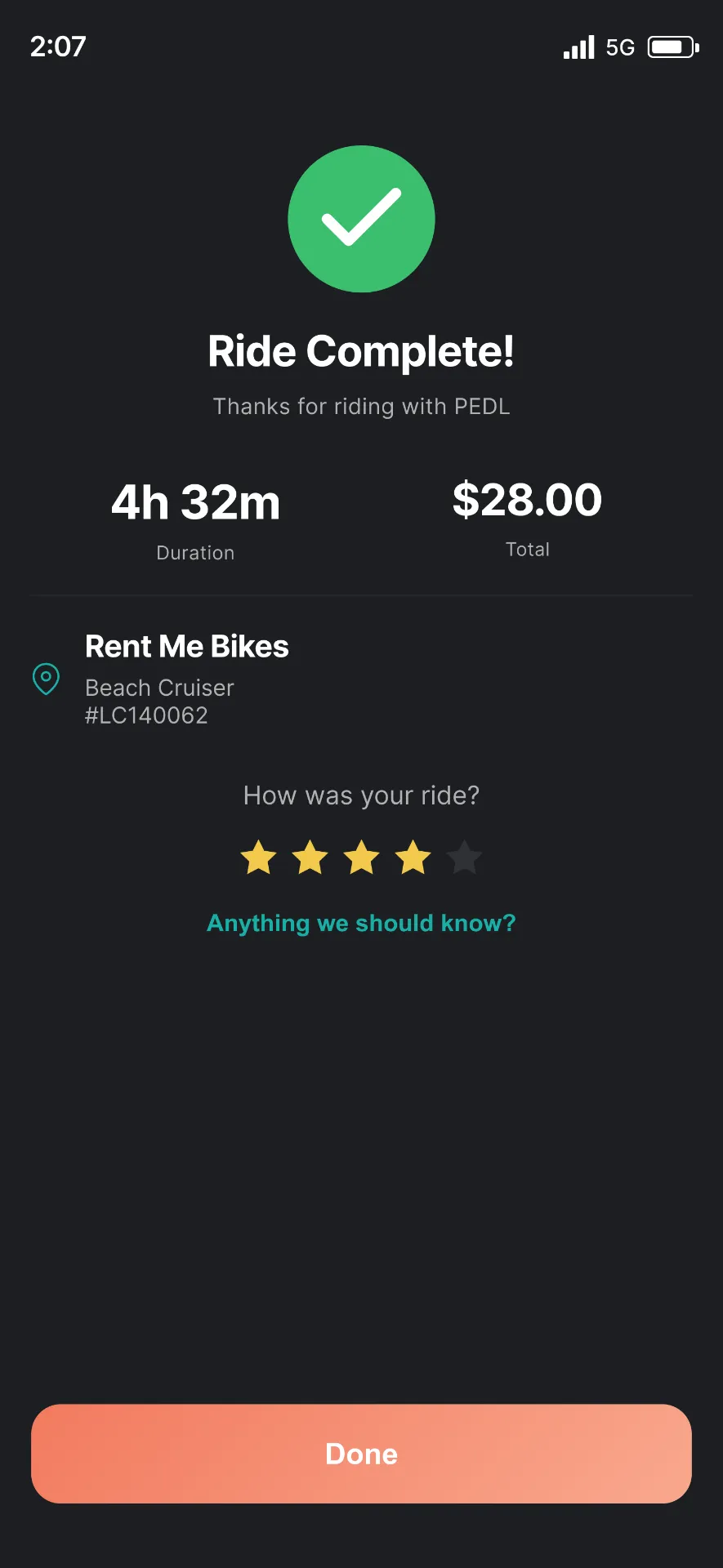 GoPedl ride complete screen with total and rating stars